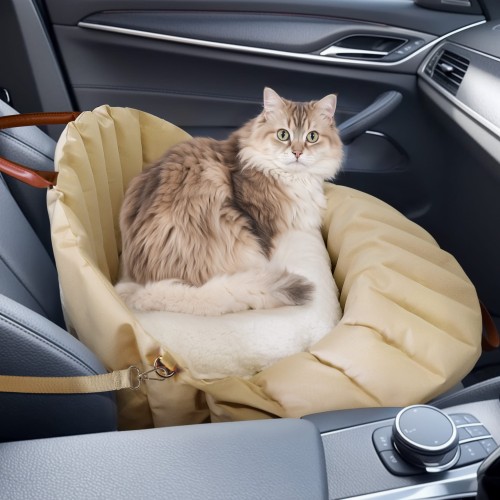 Katze in luxuriöser Haustiertasche im Auto.