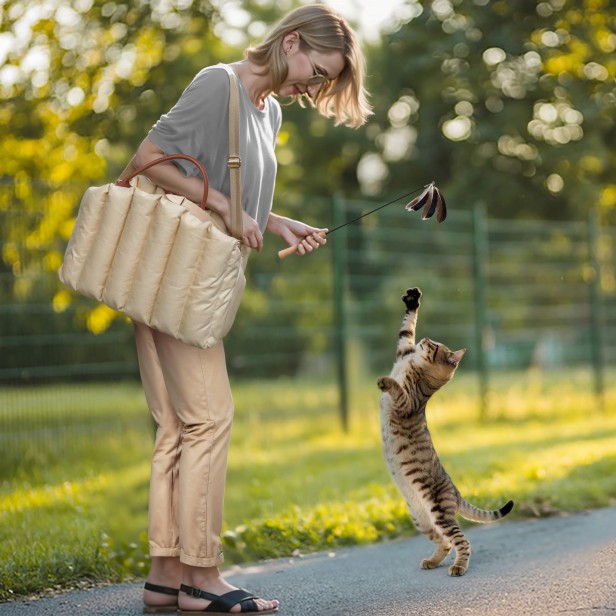 Frau spielt mit Katze im Park, luxuriöse Haustiertasche über der Schulter.