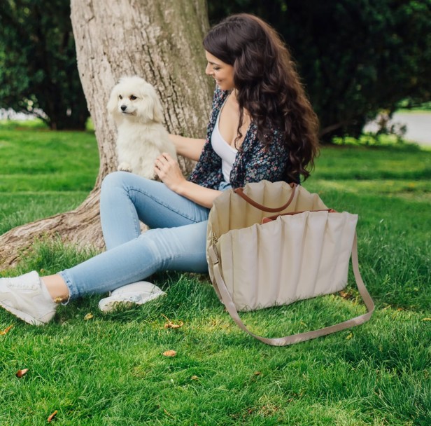 Frau sitzt mit Hund im Park und trägt eine luxuriöse Haustiertasche.
