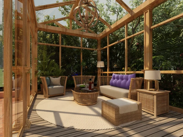 Dreieckiges Kissen aus lila Leinen, Terrassenarrangement.