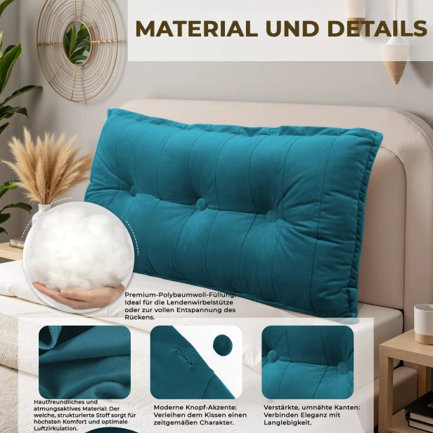 Rechteckiges Rückenstützkissen – Samt Türkis, Material und Details.