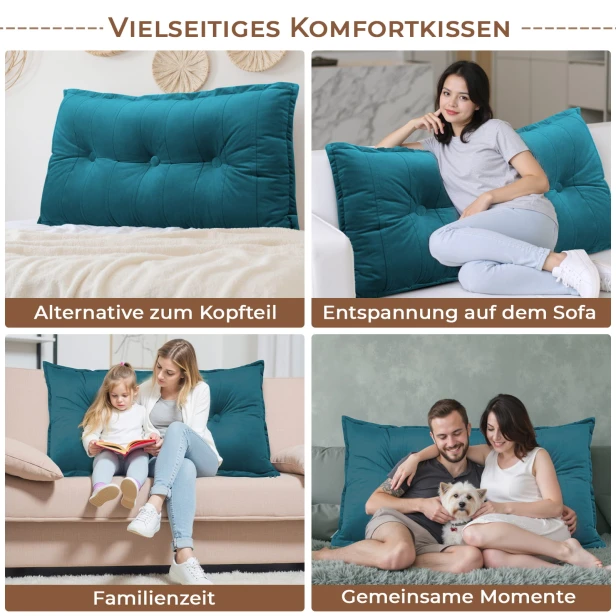 Rechteckiges Rückenstützkissen – Samt Türkis, Anwendung.