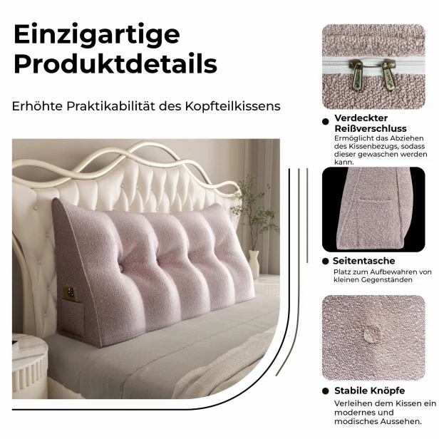 Dreieckiges, plüschiges rosa Kissen, Details der Verarbeitung.