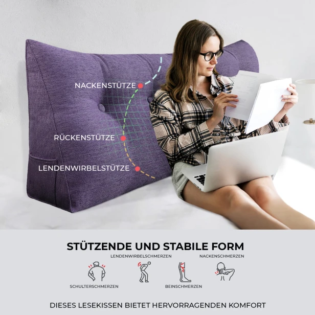 Dreieckiges Kissen aus violettem Leinen, verschiedene Stützarten.