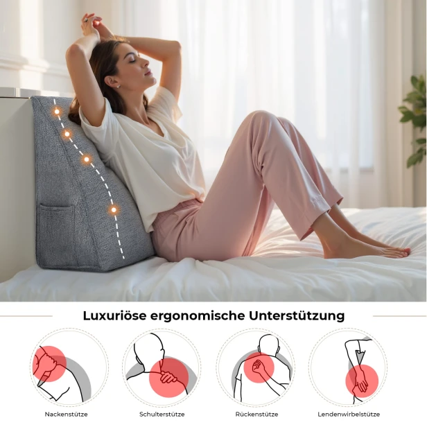 Dreieckiges Leinenkissen, Graumeliert, verschiedene Stützarten.