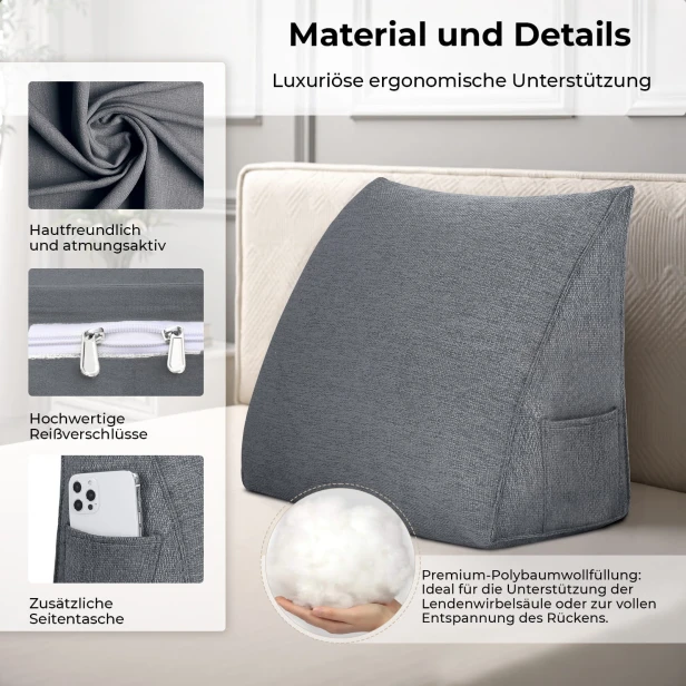 Dreieckiges Leinenkissen, Grau meliert, Material- und Produktdetails.