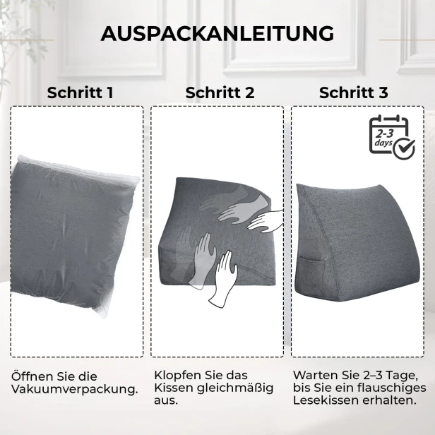 Dreieckiges Leinenkissen, Grau meliert, Auspackanleitung.