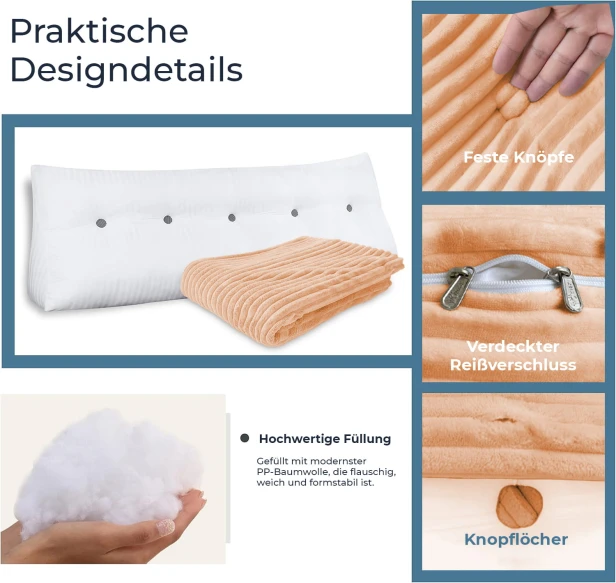 Dreieckiges Cordkissen in Pfirsichfarbe, praktische Produktdetails.