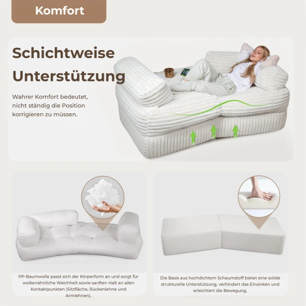 Sofa mit weicher Entspannungszone und mehrschichtiger Unterstützung.