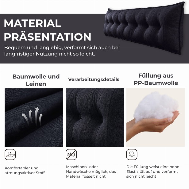 Dekoratives Leinenkissen in Anthrazit, Produktpräsentation.