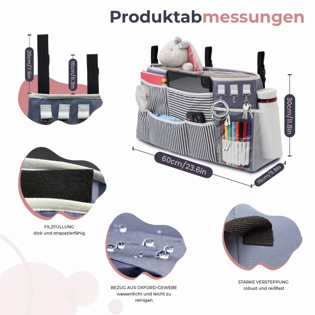 Praktischer Bettorganizer, Produktabmessungen.