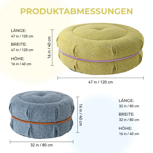 Blauer Macaron-Pouf, Produktabmessungen.