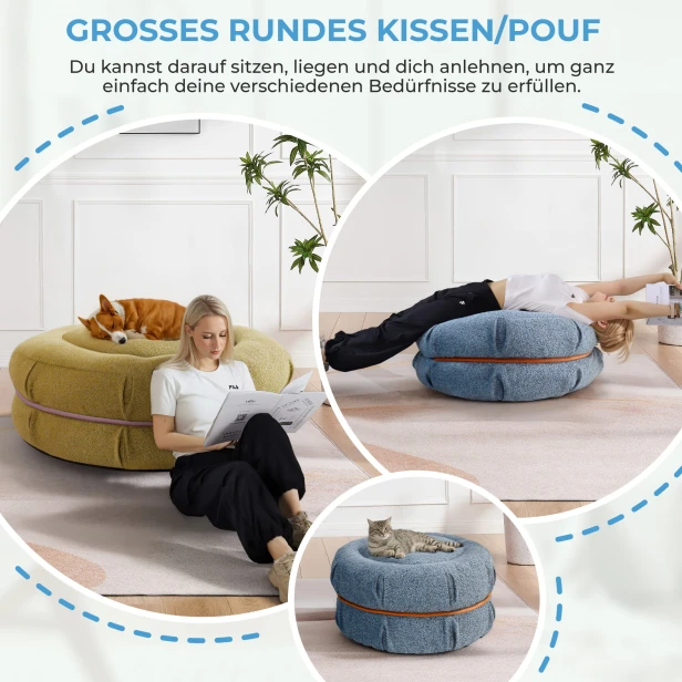 Blauer Macaron-Pouf, Verwendungsmöglichkeiten.