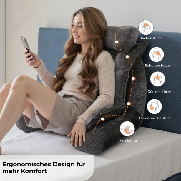 Beiges Stützkissen für Betten mit Armlehnen, verschiedene Stützarten.