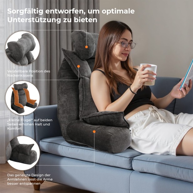 Stützkissen fürs Bett mit Armlehnen, Grau, Produktmerkmale.
