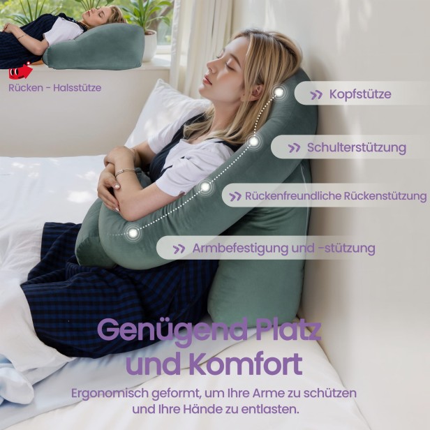 Funktionskissen mit Stützfunktion, grün, verschiedene Stützarten.