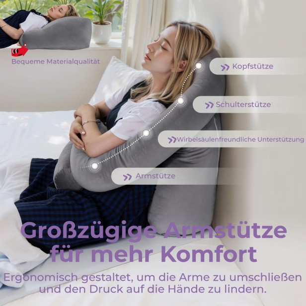 Funktionskissen mit Stützfunktion, Grau, verschiedene Stützarten.