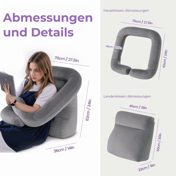 Funktionskissen mit Stützfunktion, Grau, Produktabmessungen.