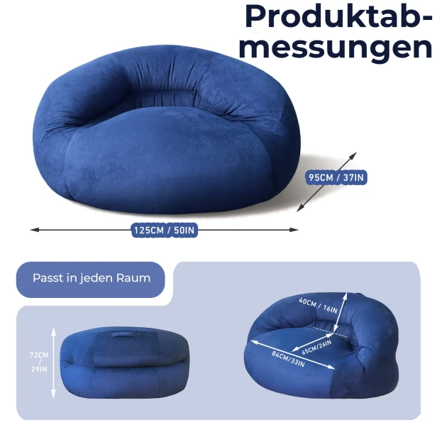 Blauer Sitzhocker/Sessel, Produktabmessungen.