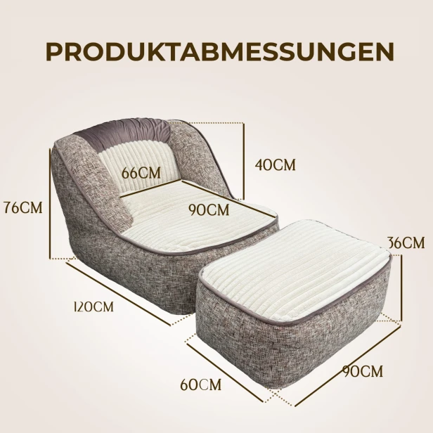 Lounge-Sessel mit Fußstütze, Produktabmessungen.
