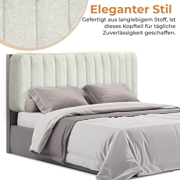 Beige gepolstertes Kopfteil, Schlafzimmeranordnung auf dem Bett.