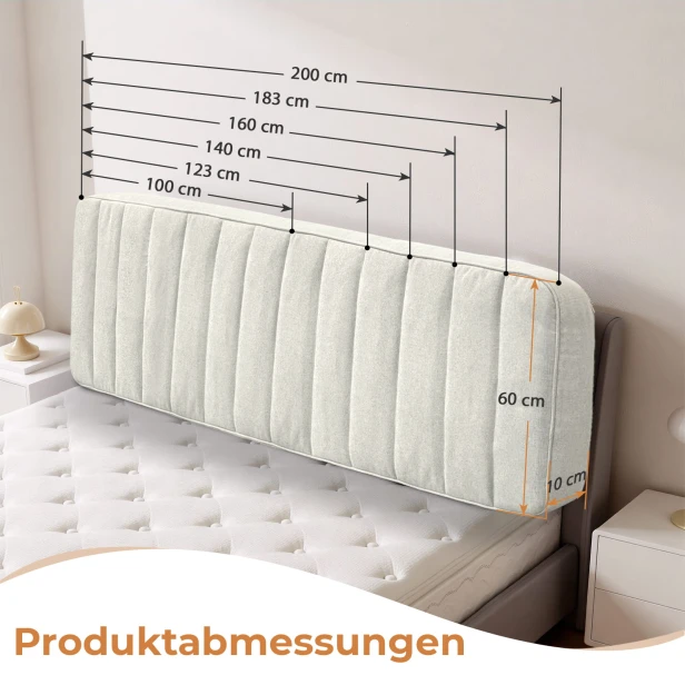 Beige gepolsterte Kopfstütze, Produktabmessungen.