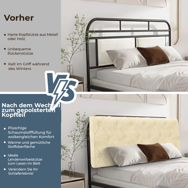 Kopfteil mit Diamantknöpfen verziert, vorher und nachher.