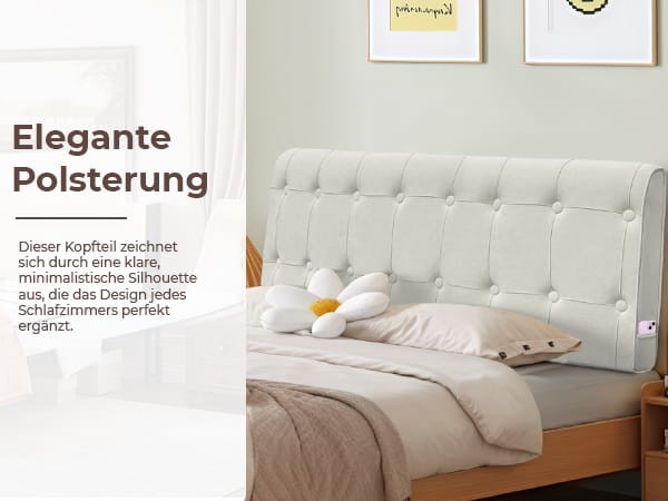 Gestepptes Kopfteil mit Knöpfen, Eleganz, Anordnung im Schlafzimmer auf dem Bett.