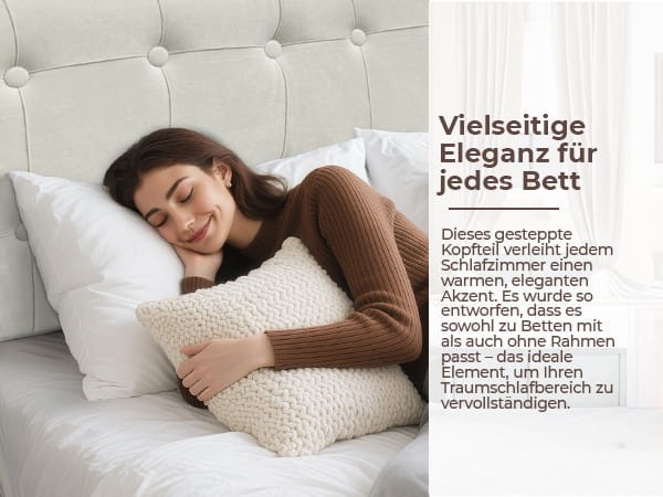Frau lehnt sich an ein Bett mit geknöpftem Kopfteil