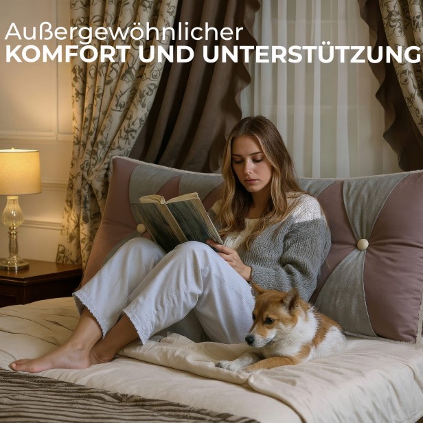Frau sitzt mit Hund auf dem Bett und lehnt sich an ein rosafarbenes Vintage-Samtkissen.