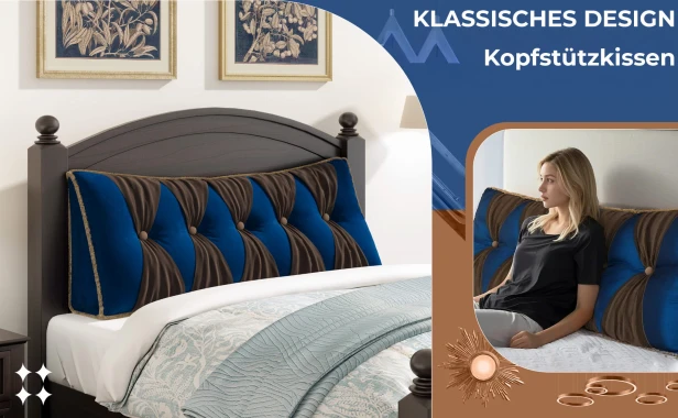 Blaues Vintage-Samtkissen, Schlafzimmerdekoration auf dem Bett.