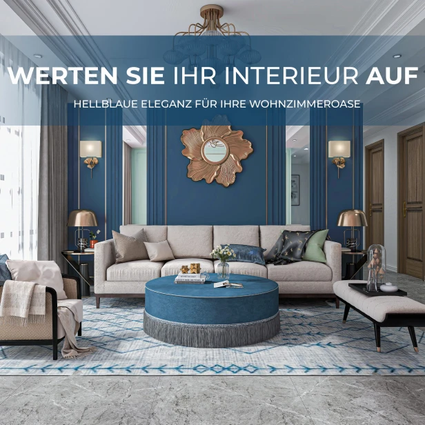 Retro-Couchtisch in Blau, arrangiert im Wohnzimmer.