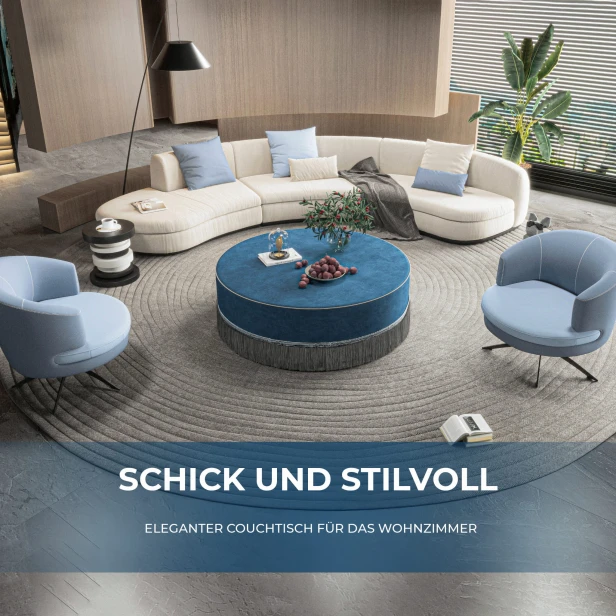 Retro-Couchtisch in Blau, arrangiert im Wohnzimmer.