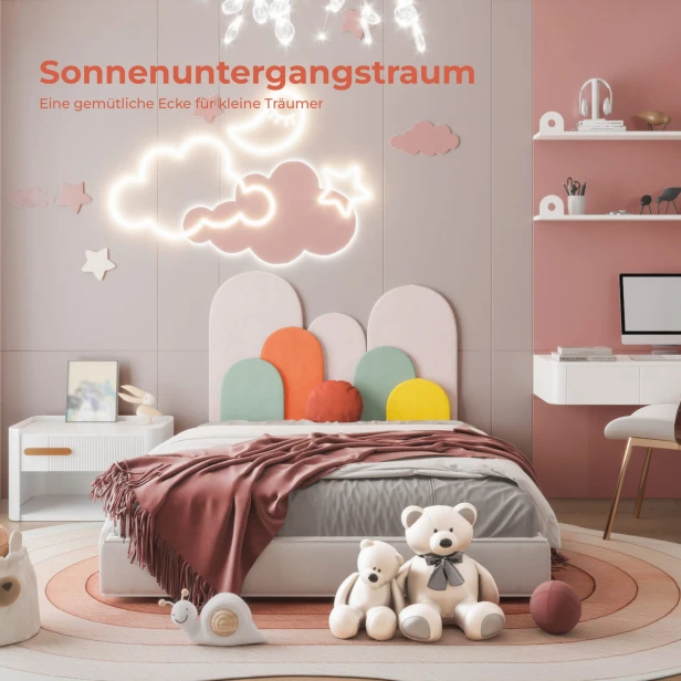 Weiche Plüsch-Kopfstütze „Sunset“, Anordnung in einem Kinderzimmer.