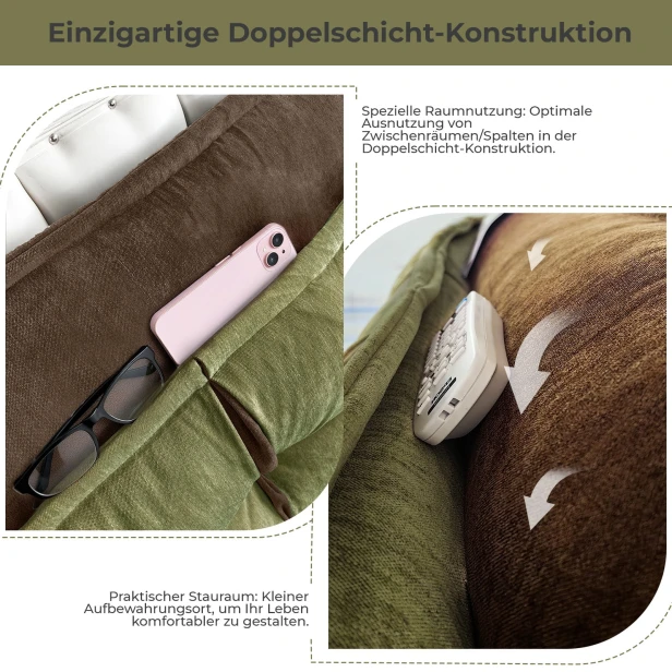 Kopfstützkissen mit Stauraum, grün und orange, Details.