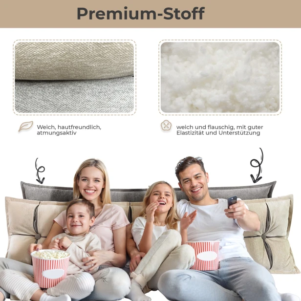 Beige-graues Kopfstützenkissen mit Stauraum, hochwertiger Stoff.