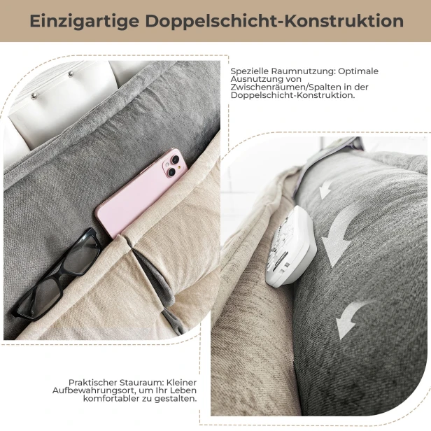 Beige-graues Kopfstützenkissen mit Stauraum, Konstruktionsdetails.
