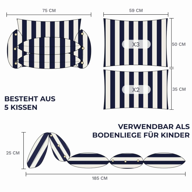 Multifunktionales Sofa mit Bodenkissen, Produktabmessungen