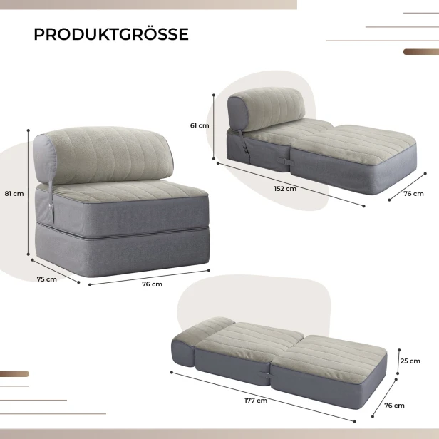 Modularer Relaxsessel 3in1, Produktabmessungen.