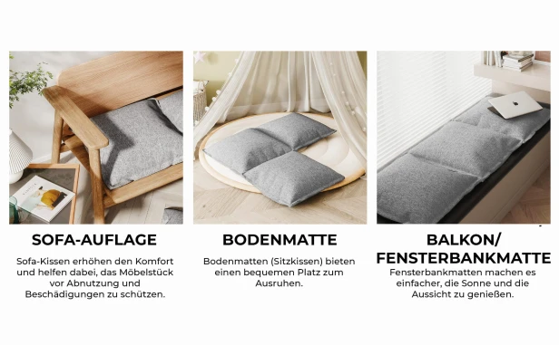Set mit 4 grauen Modulkissen, verschiedene Verwendungsmöglichkeiten.