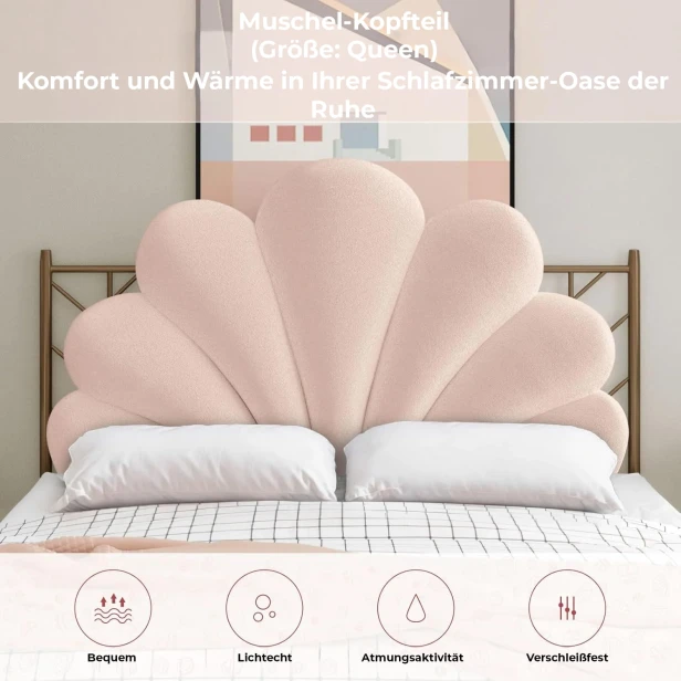 Muschelförmiges Wandkissen fürs Schlafzimmer, rosa Kopfteil. Schlafzimmereinrichtung.