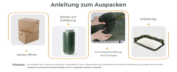 Samtsofa mit Schlaffunktion und Rückenlehne, Anleitung zum Öffnen des Kartons.