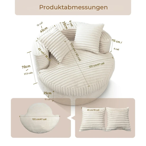 Runde Lounge-Chaiselongue, Sofa, Sessel, Beige. Produktabmessungen.