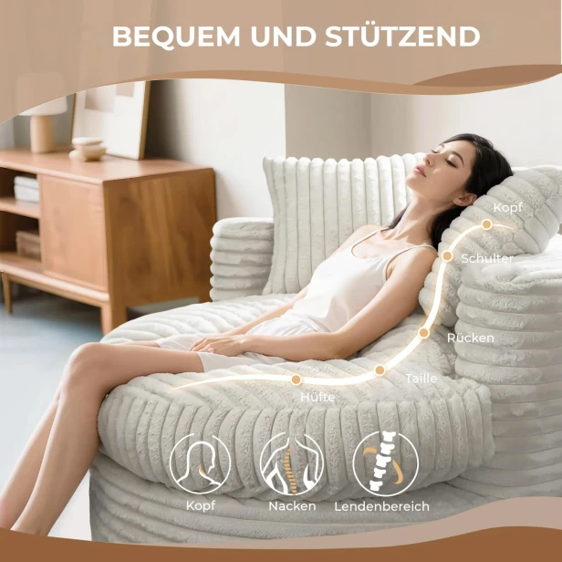 Eine Frau liegt auf einem beigefarbenen runden Chaiselongue-Sofa oder Sessel. Arten der Unterstützung.
