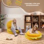 „GEEIGNET FÜR EIN KINDERZIMMER“, zeigt zwei Mädchen, die auf hamburgerförmigen Poufs spielen und entspannen.
