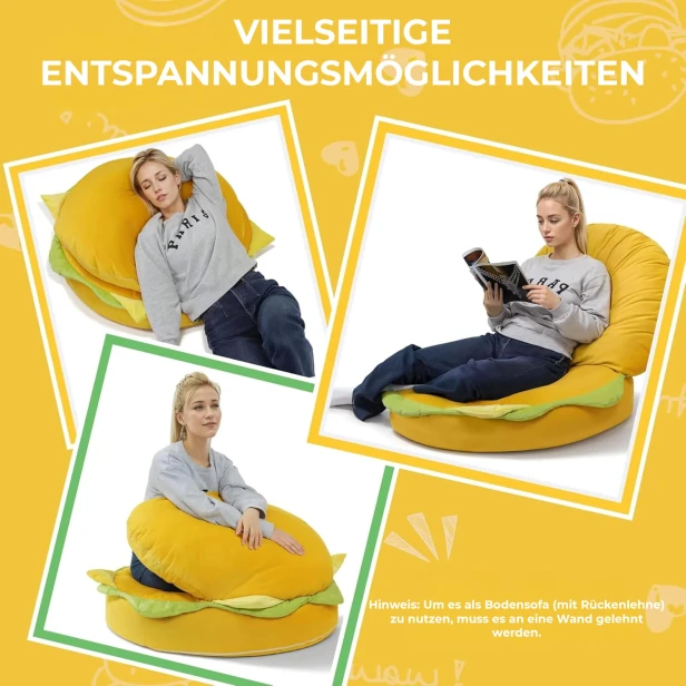 Die Grafik „VIELSEITIGE ENTSPANNUNGSMÖGLICHKEITEN“ bewirbt den hamburgerförmigen Pouf als multifunktionales Sitzmöbel.