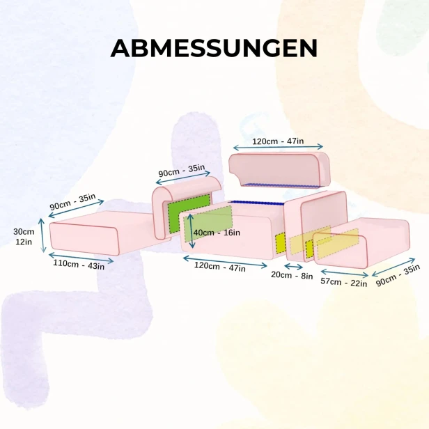 Sofa für Kinder und Eltern 287 cm, Produktabmessungen.