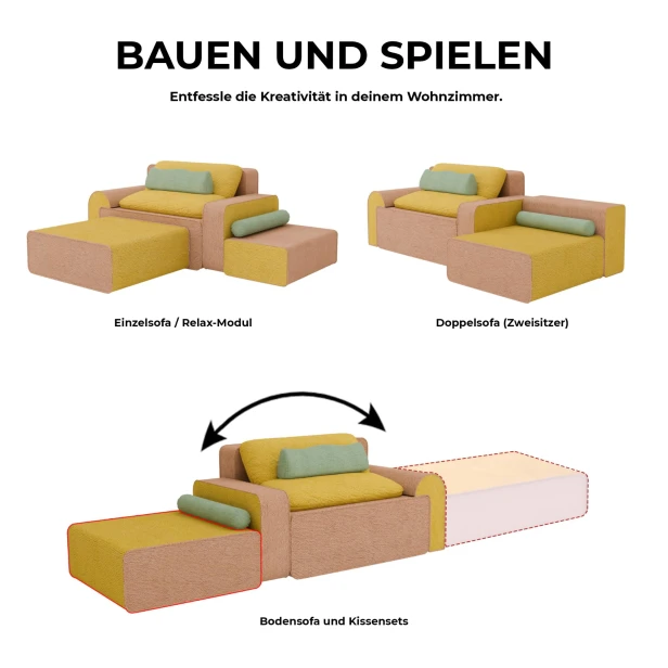 Sofa für Kinder und Eltern 287 cm - Modulares Design „BAUEN UND SPIELEN“Sofa für Kinder und Eltern 287 cm, zwei Module.