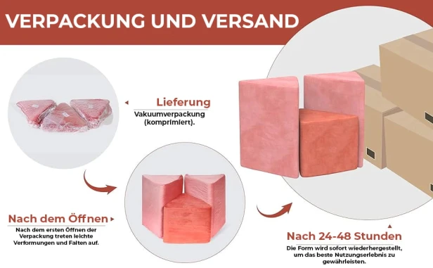 3er-Set modularer Lavendel-Poufs. Bequeme Lieferung! Vakuumverpackung (Kompression) für optimalen Schutz. Der Pouf nimmt innerhalb von 24–48 Stunden seine volle Form wieder an. Schnell und einfach, kein Aufbau erforderlich!