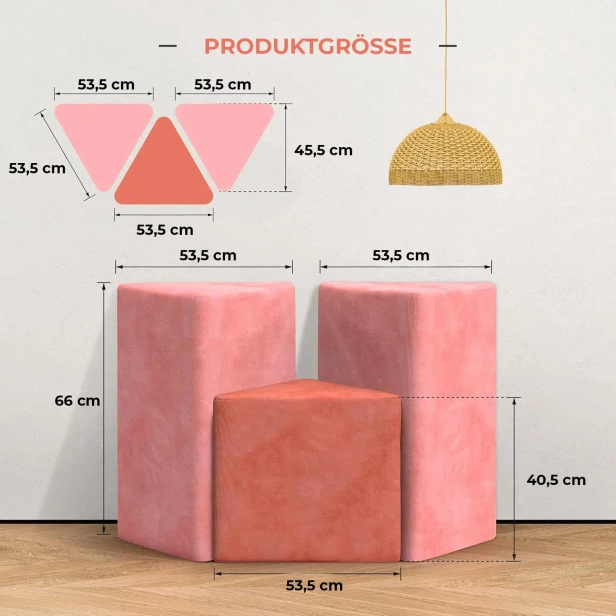 Set mit 3 modularen Poufs in Lavendel. Produktabmessungen.